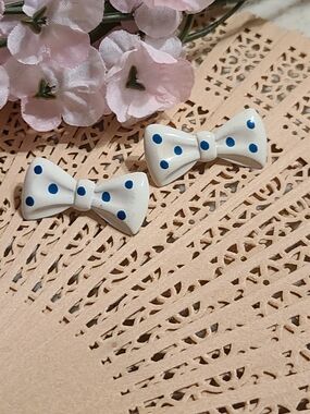 Vintage White Bow Earrings with Blue Polka Dots